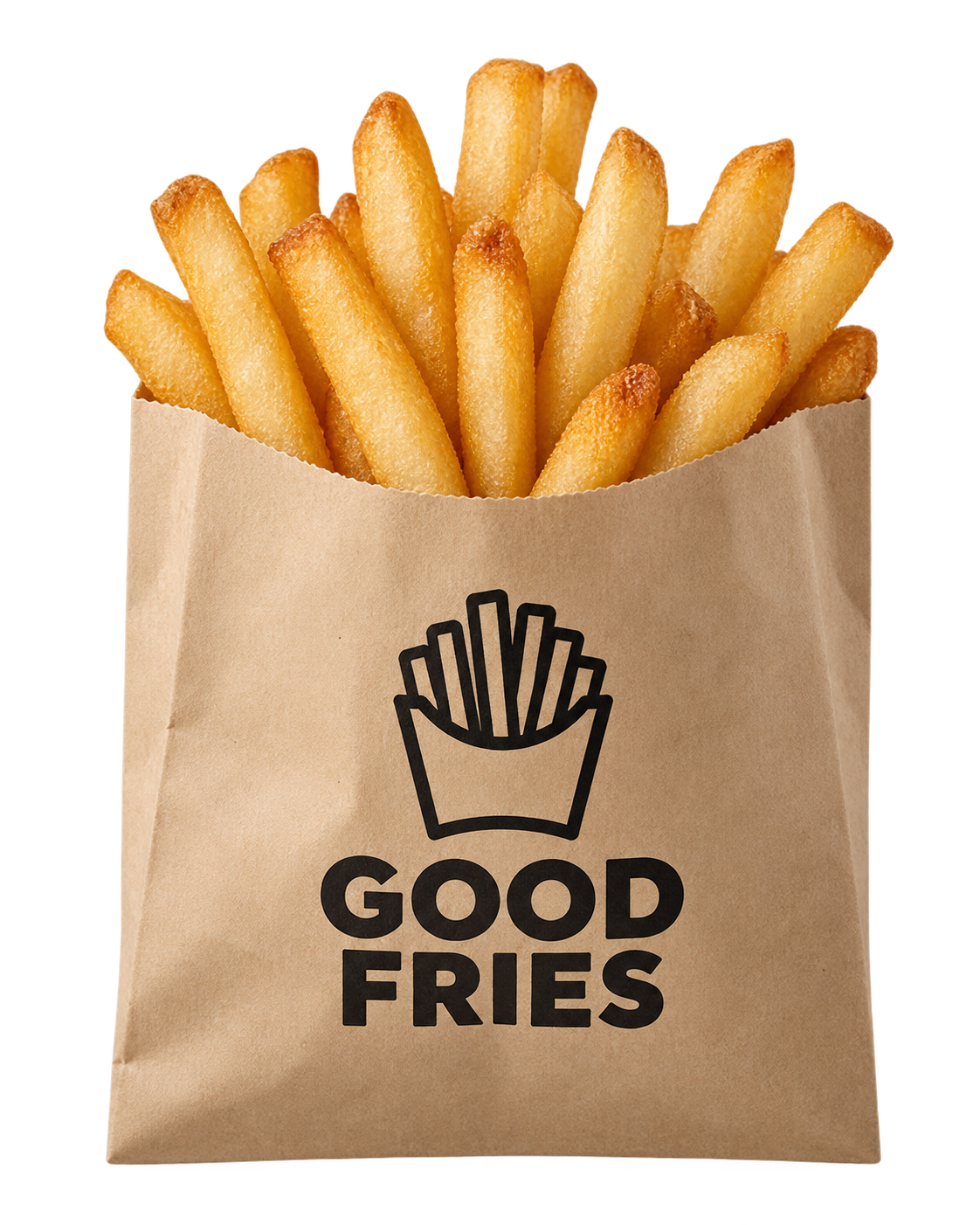 Paper fry bag filled with golden fries being chased by the Fry Bags character
